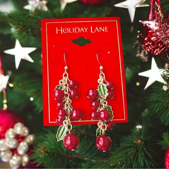 Holiday Lane Jewelry - Drop Earrings Gold Tone Red Bead Green Enamel Mistletoe Holiday Lane Gift New